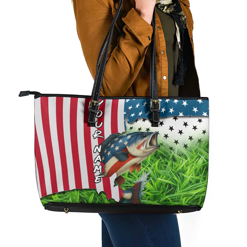 American Flag Bass Fishing Design Leather Tote Bag with Largemouth Bass and Green Grass Background - Wonder Print Shop