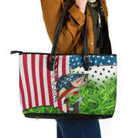 American Flag Bass Fishing Design Leather Tote Bag with Largemouth Bass and Green Grass Background - Wonder Print Shop