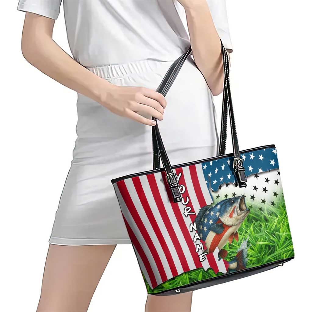 American Flag Bass Fishing Design Leather Tote Bag with Largemouth Bass and Green Grass Background - Wonder Print Shop