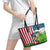 American Flag Bass Fishing Design Leather Tote Bag with Largemouth Bass and Green Grass Background - Wonder Print Shop