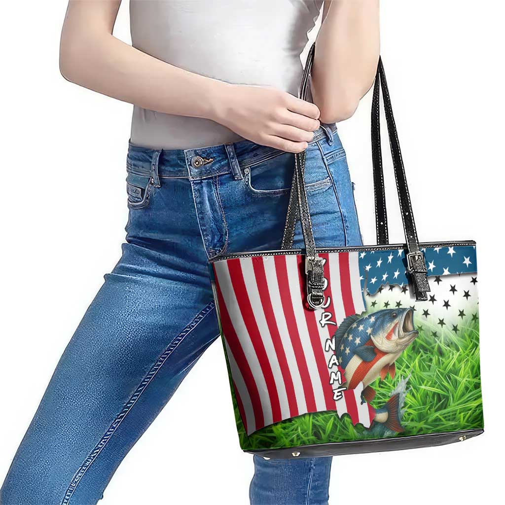American Flag Bass Fishing Design Leather Tote Bag with Largemouth Bass and Green Grass Background - Wonder Print Shop