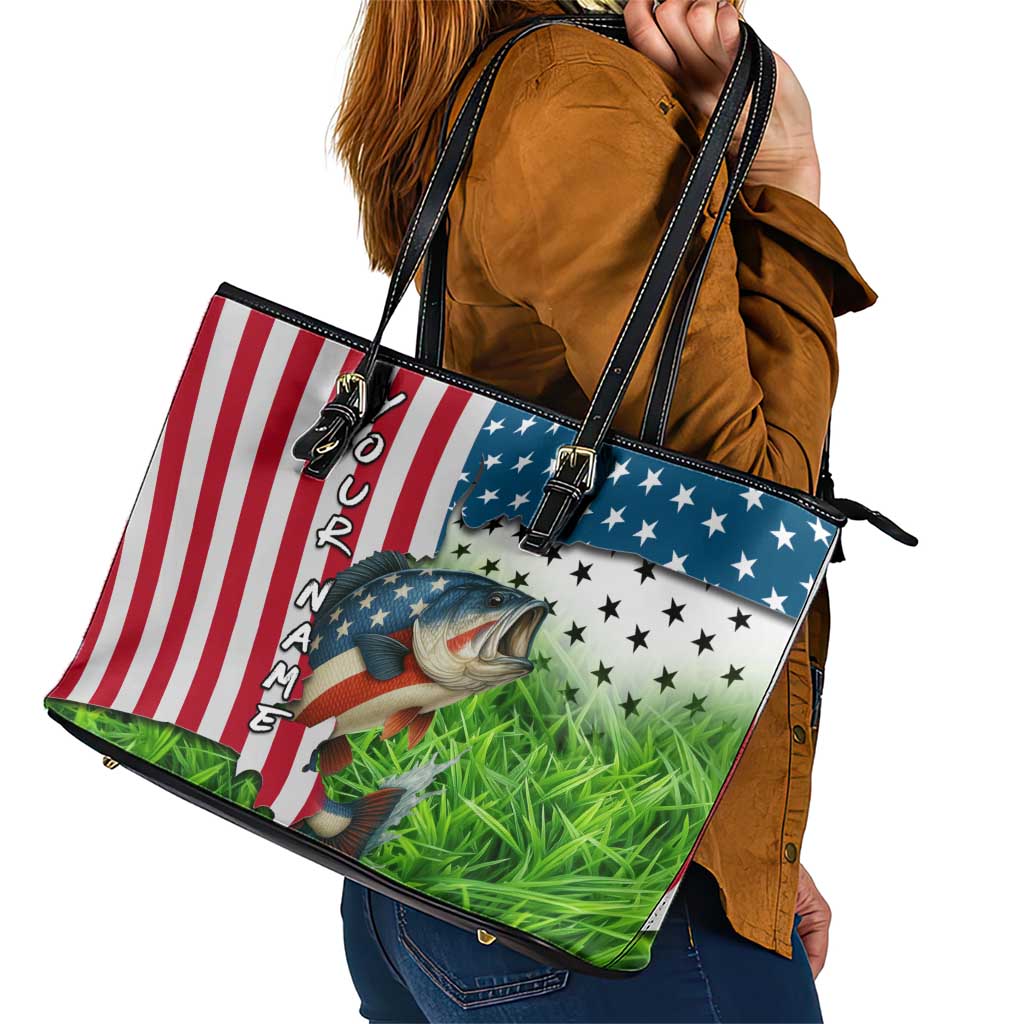 American Flag Bass Fishing Design Leather Tote Bag with Largemouth Bass and Green Grass Background - Wonder Print Shop