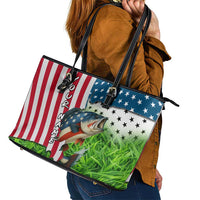 American Flag Bass Fishing Design Leather Tote Bag with Largemouth Bass and Green Grass Background - Wonder Print Shop