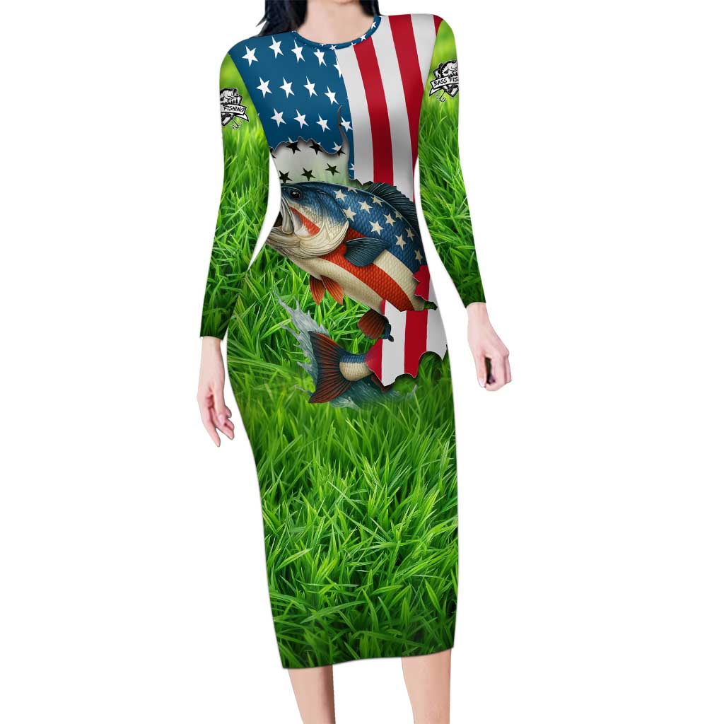 American Flag Bass Fishing Design Long Sleeve Bodycon Dress with Largemouth Bass and Green Grass Background - Wonder Print Shop