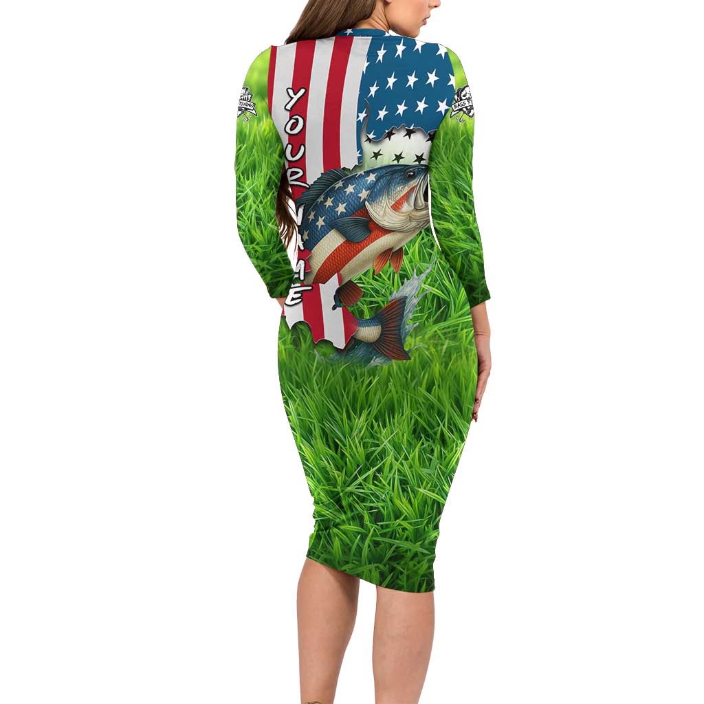 American Flag Bass Fishing Design Long Sleeve Bodycon Dress with Largemouth Bass and Green Grass Background - Wonder Print Shop