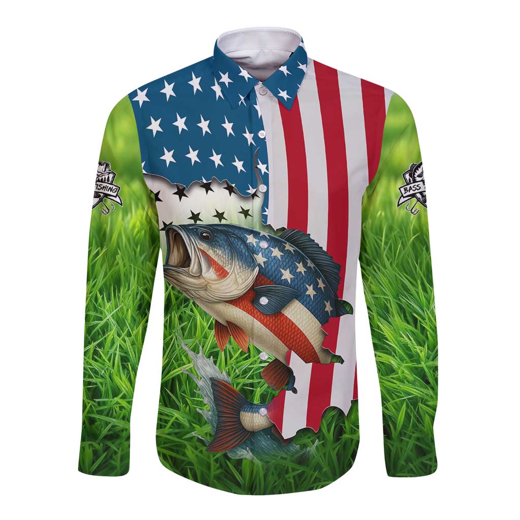 American Flag Bass Fishing Design Long Sleeve Button Shirt with Largemouth Bass and Green Grass Background - Wonder Print Shop