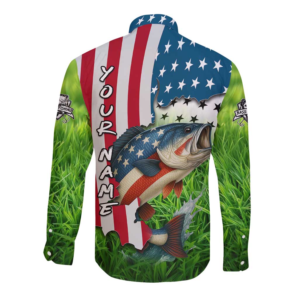 American Flag Bass Fishing Design Long Sleeve Button Shirt with Largemouth Bass and Green Grass Background - Wonder Print Shop