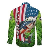 American Flag Bass Fishing Design Long Sleeve Button Shirt with Largemouth Bass and Green Grass Background - Wonder Print Shop