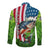 American Flag Bass Fishing Design Long Sleeve Button Shirt with Largemouth Bass and Green Grass Background - Wonder Print Shop