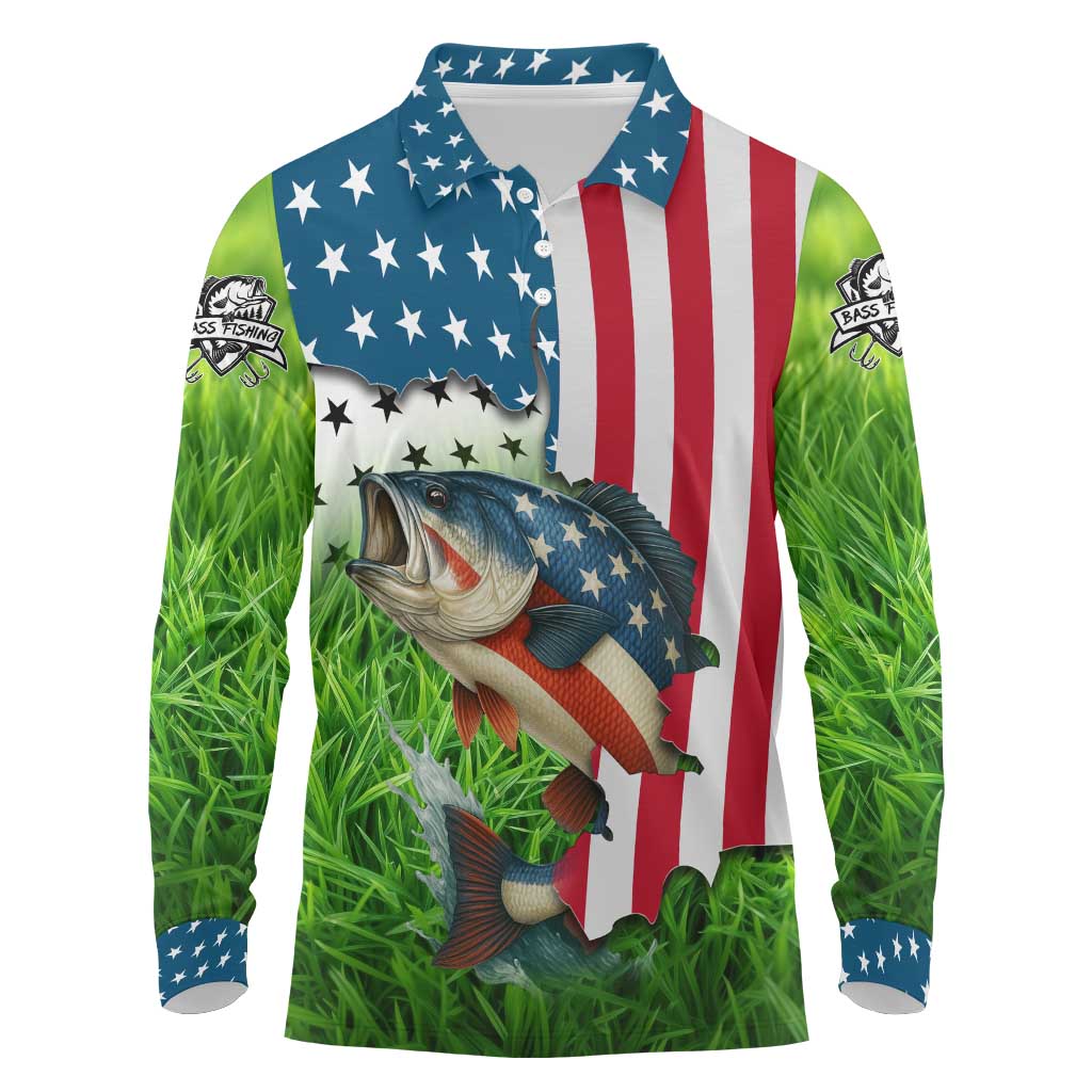 American Flag Bass Fishing Design Long Sleeve Polo Shirt with Largemouth Bass and Green Grass Background - Wonder Print Shop