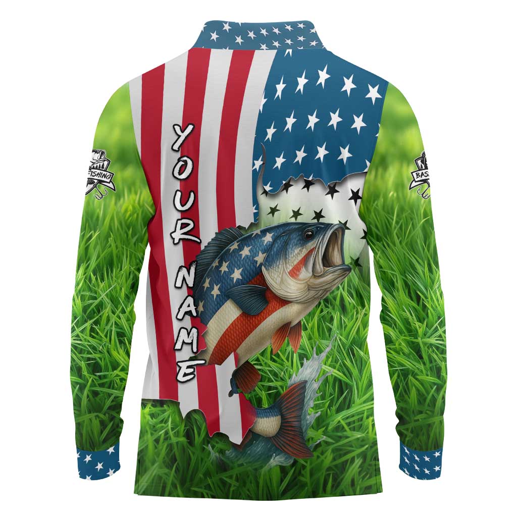 American Flag Bass Fishing Design Long Sleeve Polo Shirt with Largemouth Bass and Green Grass Background - Wonder Print Shop