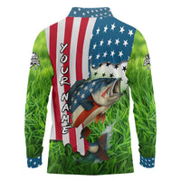 American Flag Bass Fishing Design Long Sleeve Polo Shirt with Largemouth Bass and Green Grass Background - Wonder Print Shop