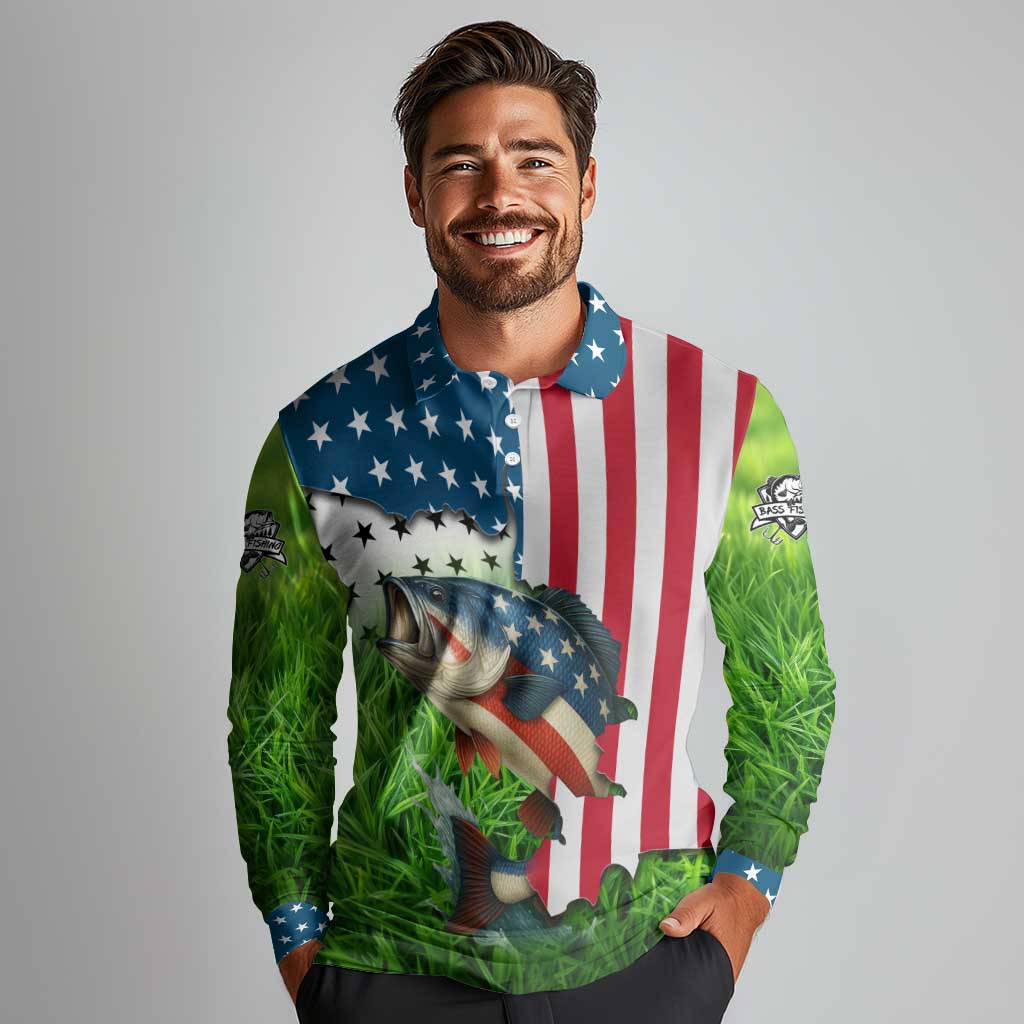 American Flag Bass Fishing Design Long Sleeve Polo Shirt with Largemouth Bass and Green Grass Background - Wonder Print Shop