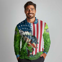 American Flag Bass Fishing Design Long Sleeve Polo Shirt with Largemouth Bass and Green Grass Background - Wonder Print Shop