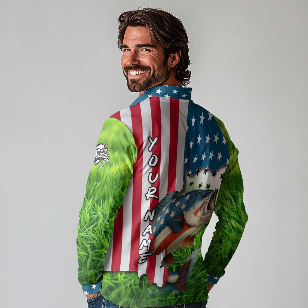 American Flag Bass Fishing Design Long Sleeve Polo Shirt with Largemouth Bass and Green Grass Background - Wonder Print Shop