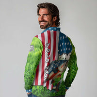 American Flag Bass Fishing Design Long Sleeve Polo Shirt with Largemouth Bass and Green Grass Background - Wonder Print Shop