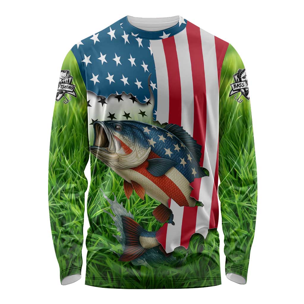 American Flag Bass Fishing Design Long Sleeve Shirt with Largemouth Bass and Green Grass Background - Wonder Print Shop