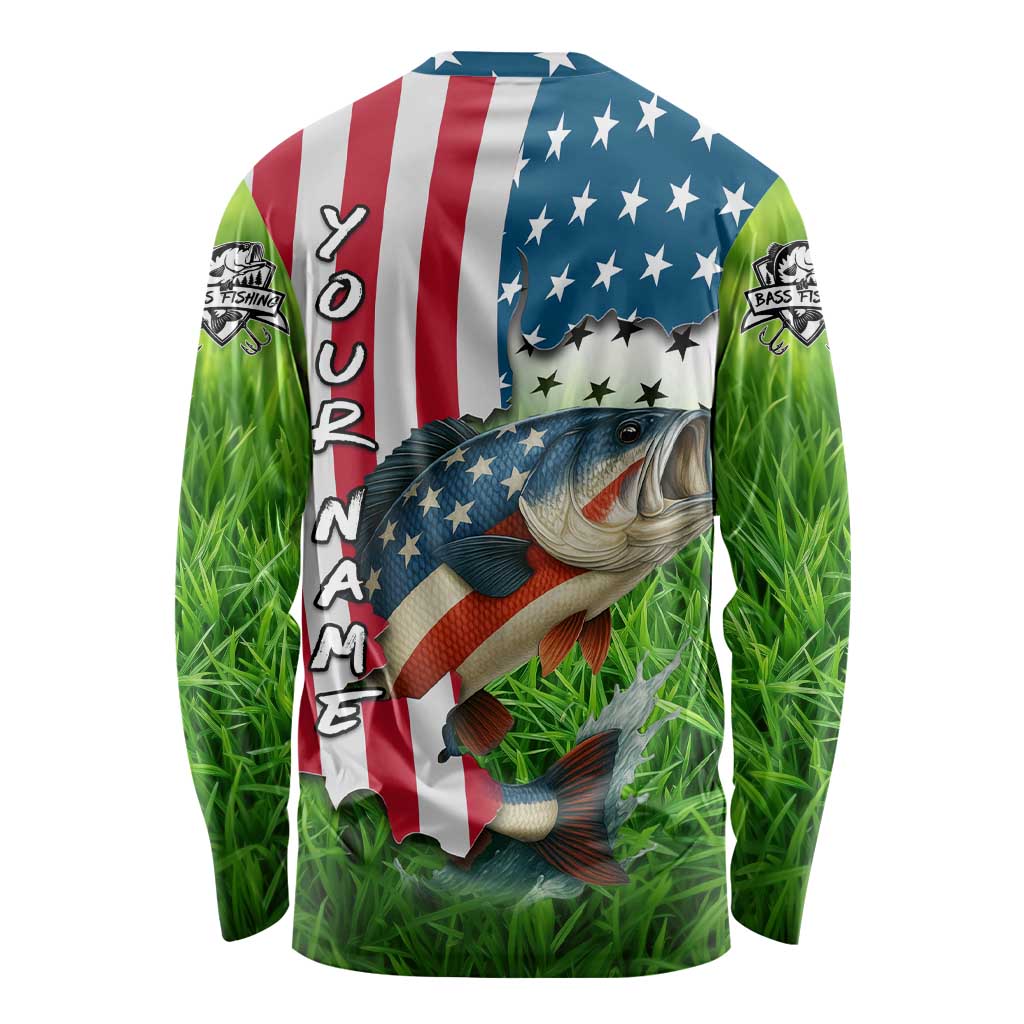 American Flag Bass Fishing Design Long Sleeve Shirt with Largemouth Bass and Green Grass Background - Wonder Print Shop