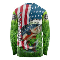 American Flag Bass Fishing Design Long Sleeve Shirt with Largemouth Bass and Green Grass Background - Wonder Print Shop