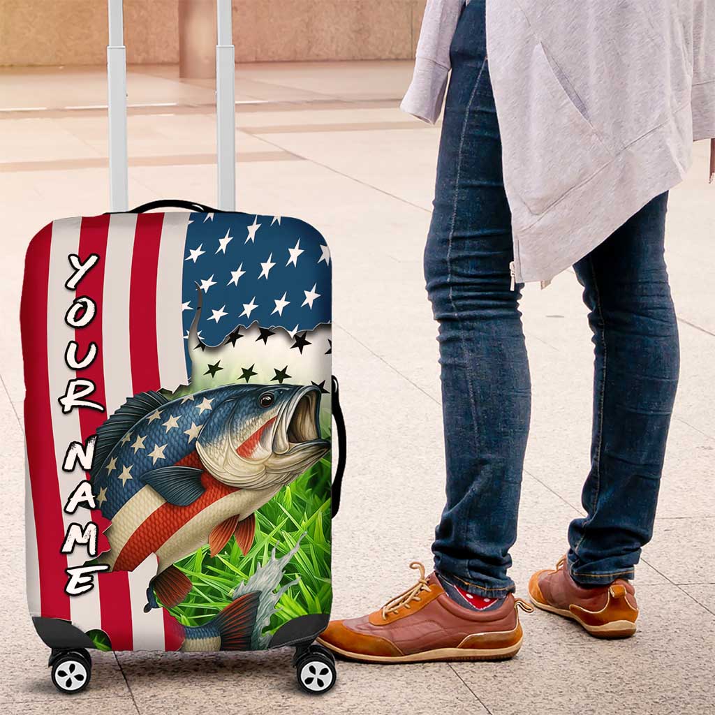 American Flag Bass Fishing Design Luggage Cover with Largemouth Bass and Green Grass Background - Wonder Print Shop