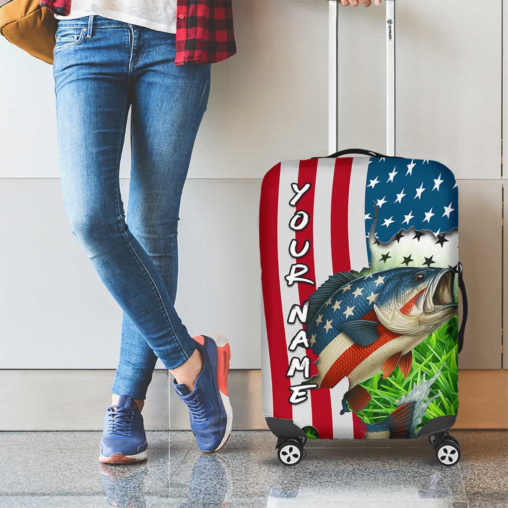 American Flag Bass Fishing Design Luggage Cover with Largemouth Bass and Green Grass Background - Wonder Print Shop