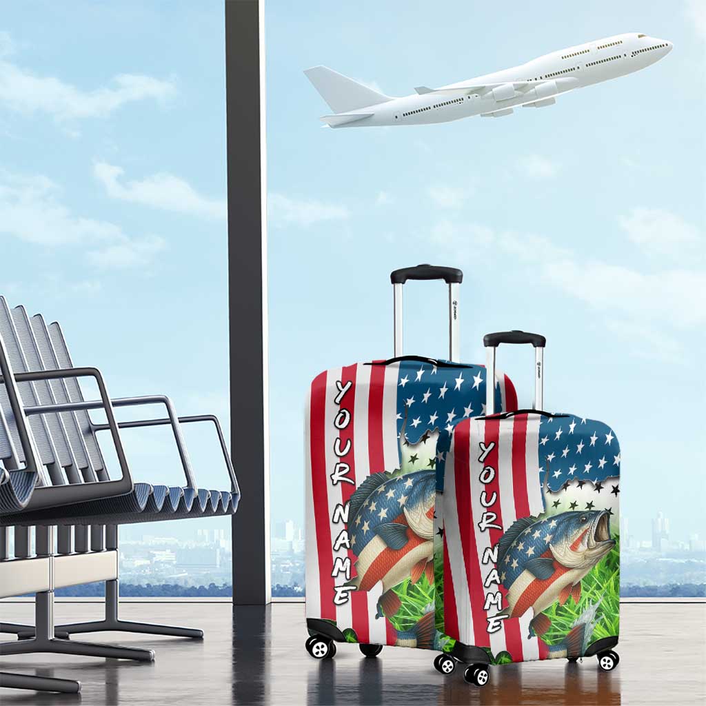 American Flag Bass Fishing Design Luggage Cover with Largemouth Bass and Green Grass Background - Wonder Print Shop