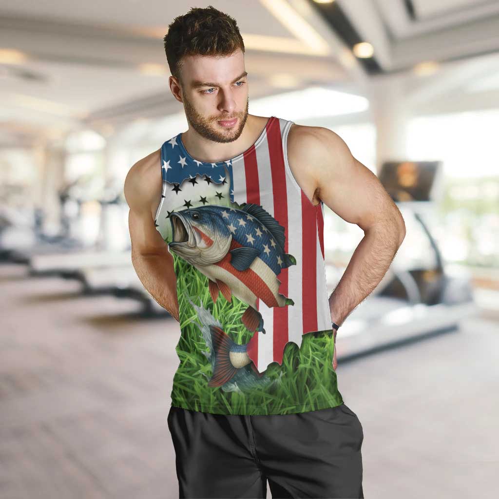 American Flag Bass Fishing Design Men Tank Top with Largemouth Bass and Green Grass Background - Wonder Print Shop