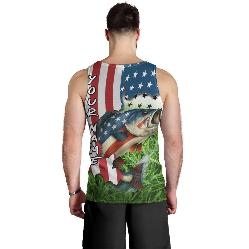 American Flag Bass Fishing Design Men Tank Top with Largemouth Bass and Green Grass Background - Wonder Print Shop