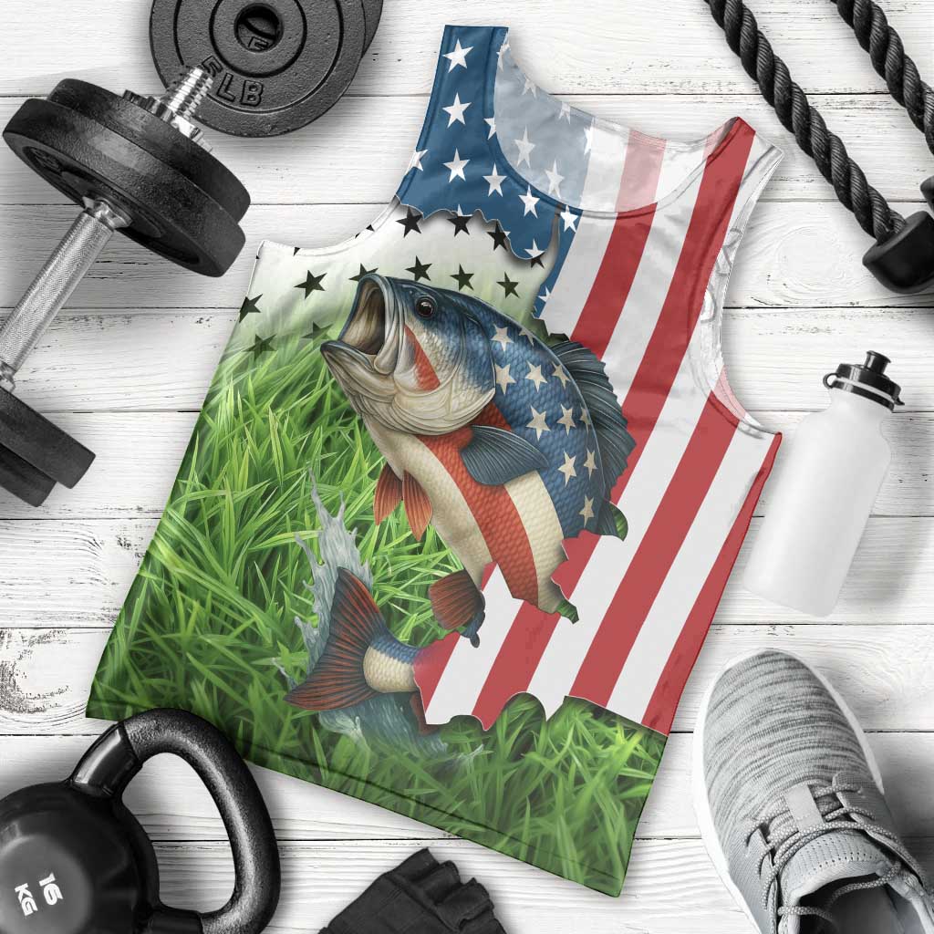American Flag Bass Fishing Design Men Tank Top with Largemouth Bass and Green Grass Background - Wonder Print Shop