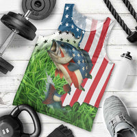 American Flag Bass Fishing Design Men Tank Top with Largemouth Bass and Green Grass Background - Wonder Print Shop