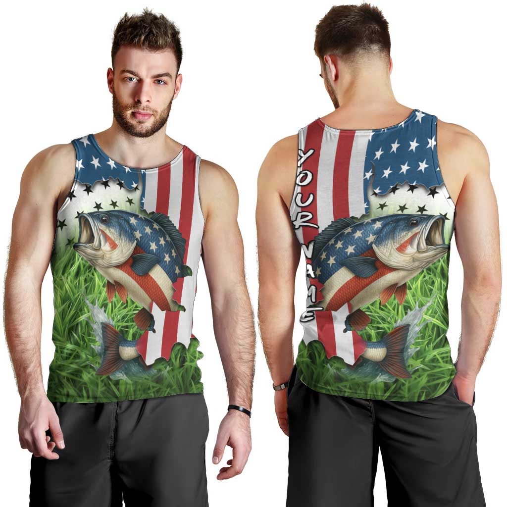 American Flag Bass Fishing Design Men Tank Top with Largemouth Bass and Green Grass Background - Wonder Print Shop