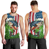American Flag Bass Fishing Design Men Tank Top with Largemouth Bass and Green Grass Background - Wonder Print Shop