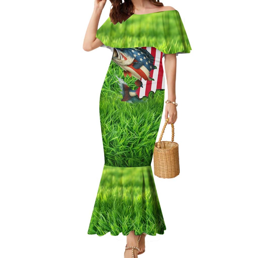 American Flag Bass Fishing Design Mermaid Dress with Largemouth Bass and Green Grass Background - Wonder Print Shop