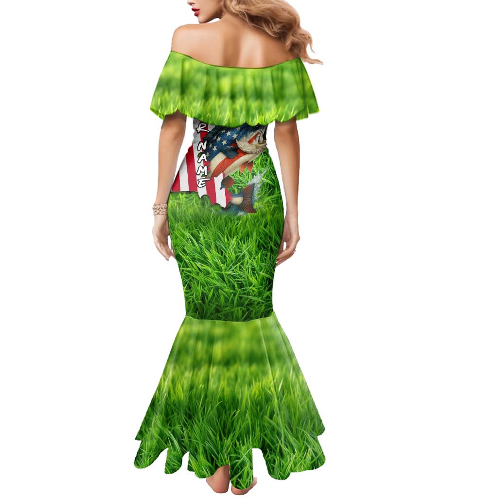 American Flag Bass Fishing Design Mermaid Dress with Largemouth Bass and Green Grass Background - Wonder Print Shop