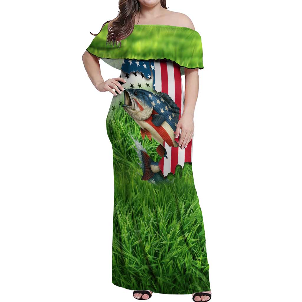 American Flag Bass Fishing Design Off Shoulder Maxi Dress with Largemouth Bass and Green Grass Background - Wonder Print Shop