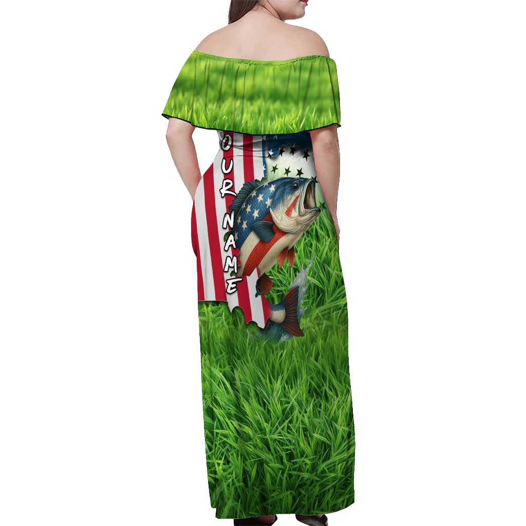 American Flag Bass Fishing Design Off Shoulder Maxi Dress with Largemouth Bass and Green Grass Background - Wonder Print Shop