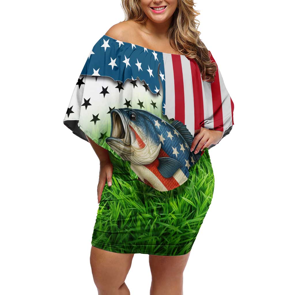 American Flag Bass Fishing Design Off Shoulder Short Dress with Largemouth Bass and Green Grass Background - Wonder Print Shop