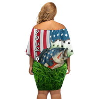 American Flag Bass Fishing Design Off Shoulder Short Dress with Largemouth Bass and Green Grass Background - Wonder Print Shop