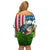 American Flag Bass Fishing Design Off Shoulder Short Dress with Largemouth Bass and Green Grass Background - Wonder Print Shop