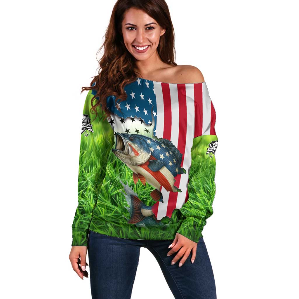 American Flag Bass Fishing Design Off Shoulder Sweater with Largemouth Bass and Green Grass Background - Wonder Print Shop