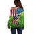 American Flag Bass Fishing Design Off Shoulder Sweater with Largemouth Bass and Green Grass Background - Wonder Print Shop