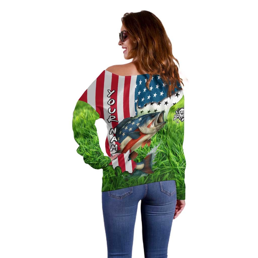 American Flag Bass Fishing Design Off Shoulder Sweater with Largemouth Bass and Green Grass Background - Wonder Print Shop