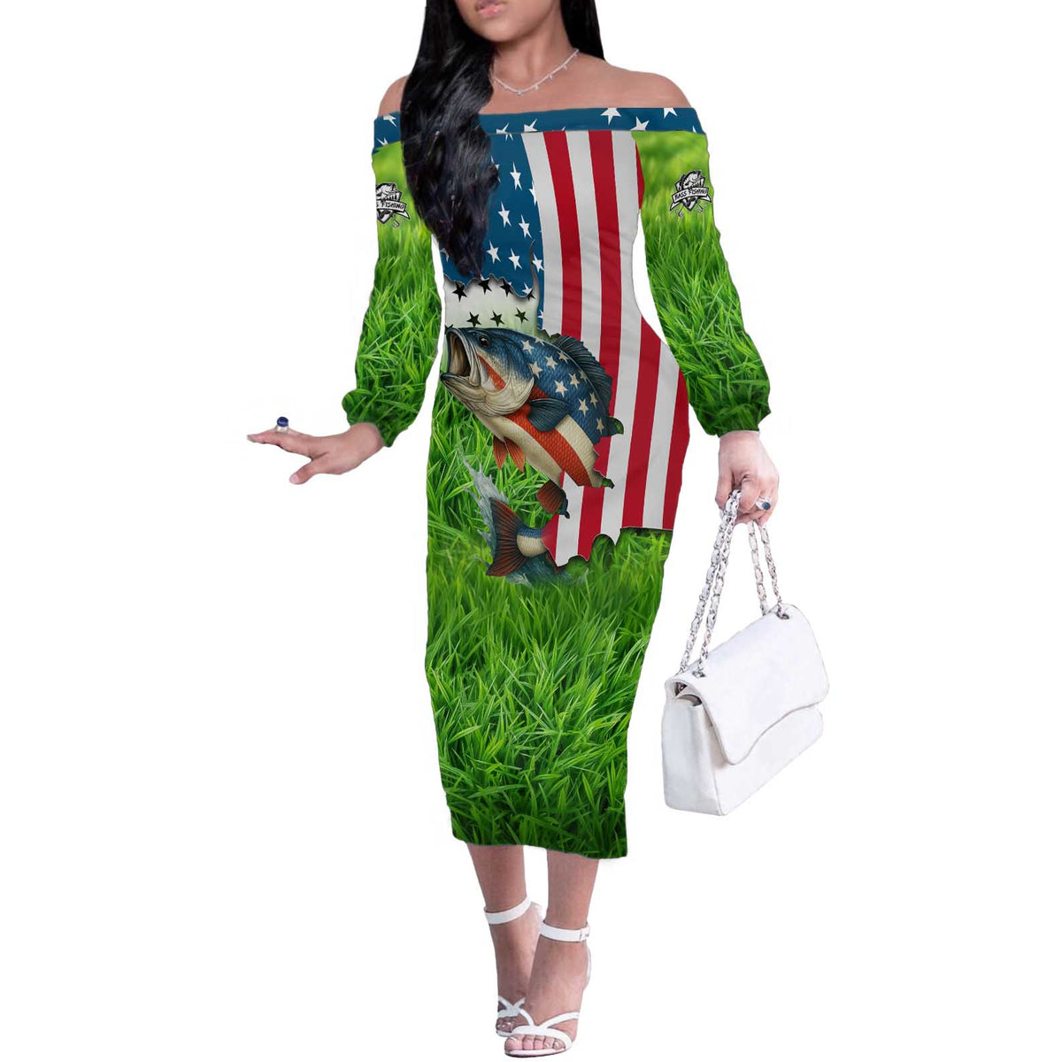 American Flag Bass Fishing Design Off The Shoulder Long Sleeve Dress with Largemouth Bass and Green Grass Background - Wonder Print Shop