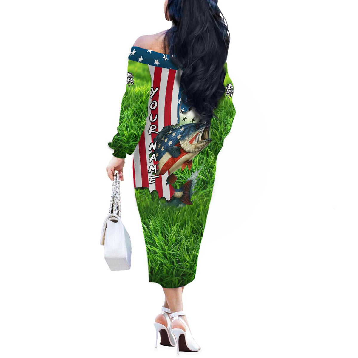 American Flag Bass Fishing Design Off The Shoulder Long Sleeve Dress with Largemouth Bass and Green Grass Background - Wonder Print Shop