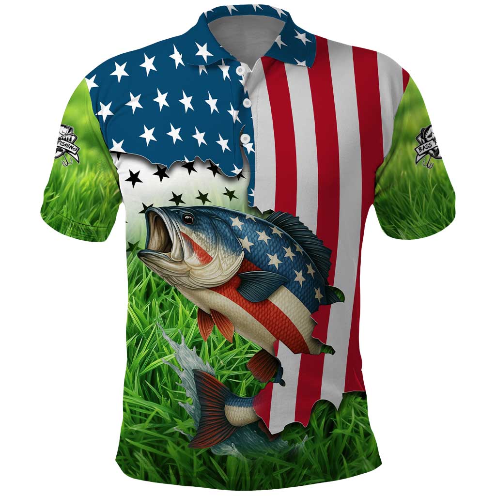 American Flag Bass Fishing Design Polo Shirt with Largemouth Bass and Green Grass Background - Wonder Print Shop