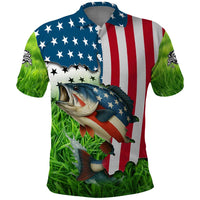 American Flag Bass Fishing Design Polo Shirt with Largemouth Bass and Green Grass Background - Wonder Print Shop