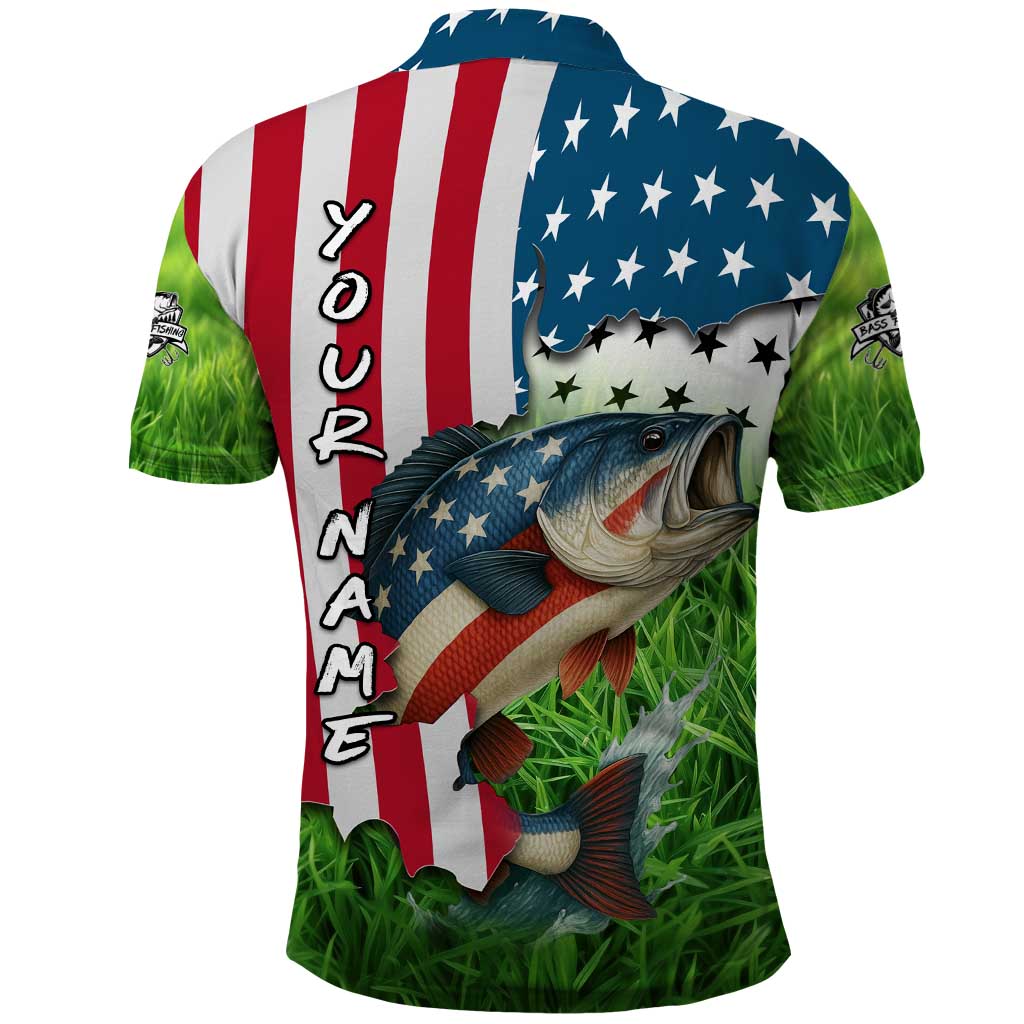 American Flag Bass Fishing Design Polo Shirt with Largemouth Bass and Green Grass Background - Wonder Print Shop