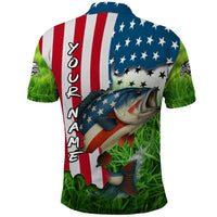 American Flag Bass Fishing Design Polo Shirt with Largemouth Bass and Green Grass Background - Wonder Print Shop