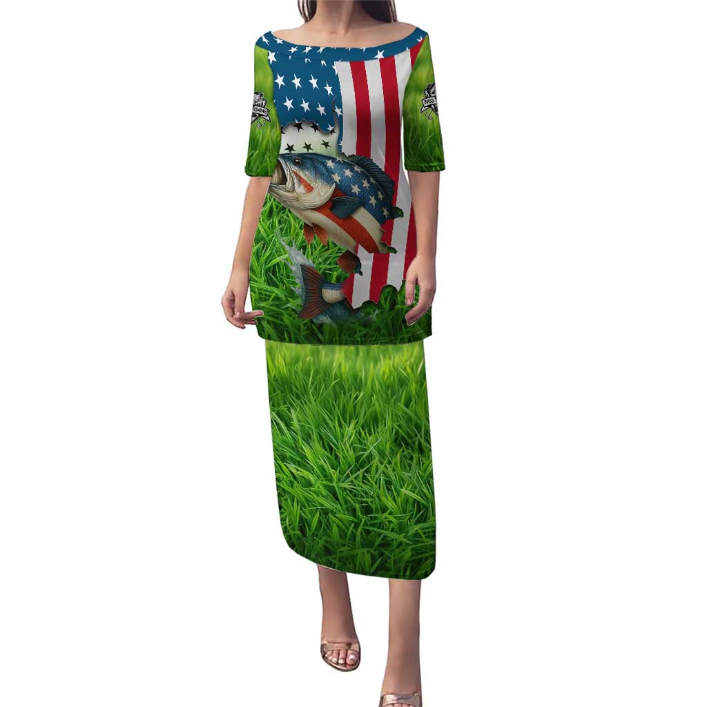 American Flag Bass Fishing Design Puletasi with Largemouth Bass and Green Grass Background - Wonder Print Shop