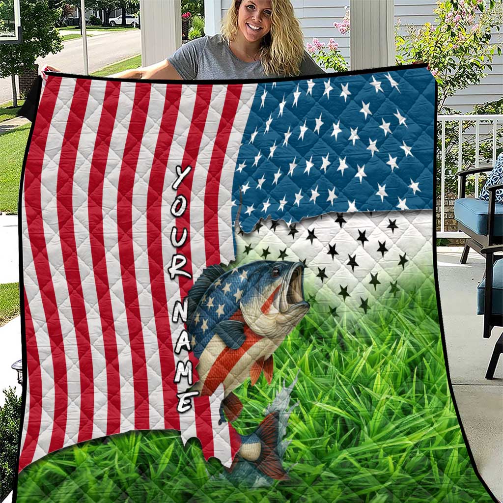 American Flag Bass Fishing Design Quilt with Largemouth Bass and Green Grass Background - Wonder Print Shop